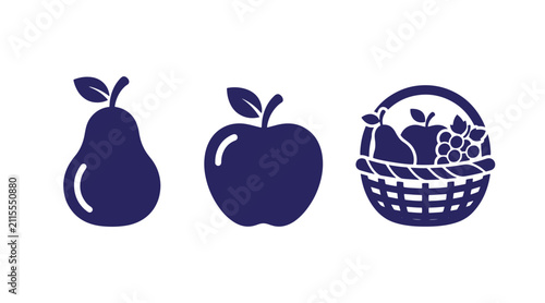 Fruit selection icon set including pear apple and full basket with nutrition shopping vegetarian illustration agriculture minimalist collection