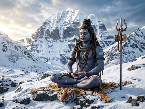 Lord Shiva sitting in deep meditation on the snowy peaks of Mount Kailash with a serene expression.