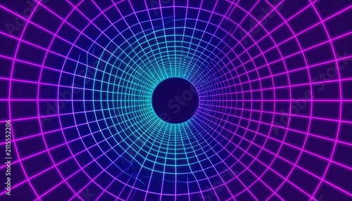 Neon Grid Tunnel Background Texture.
