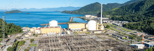 Operational nuclear power plant. Aerial view. Angra dos Reis. Web banner, copy space.