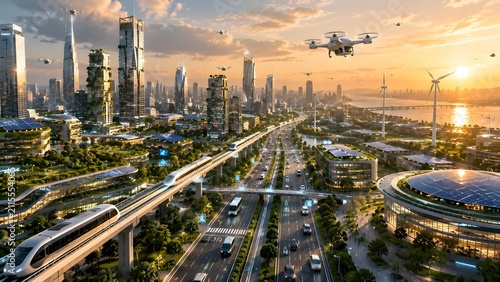 Futuristic Smart City with Autonomous Drones, High-Speed Rail, Renewable Energy and Sustainable Urban Transportation at Sunset