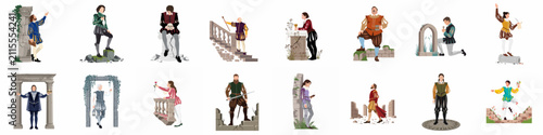 Fotografía Vector flat character set of Renaissance and Elizabethan people in historical costumes and dramatic poses amidst classical architectural ruins and scenes