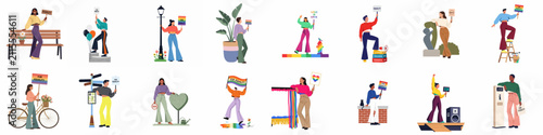 Collection of diverse people advocating for LGBTQ+ rights and equality with rainbow flags and signs in a modern flat illustration style.