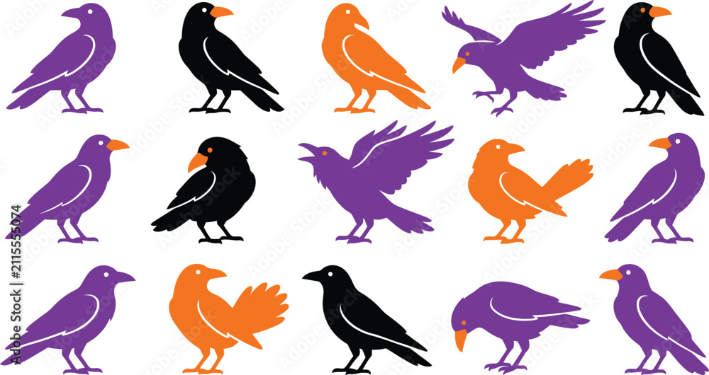 Obraz premium Crow Bird Silhouette Vector Collection Flat Editable Wildlife Illustration Set