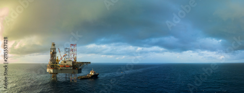 Aerial panoramic view of offshore jack up rig and offshore platform