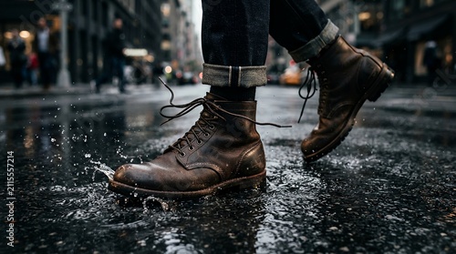 Brown leather boots splashing in city puddle during rain