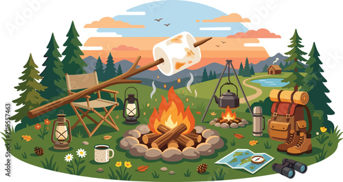 Vector summer camping landscape emblem illustration with roasting marshmallow campfire folding chair backpack and outdoor hiking equipment elements