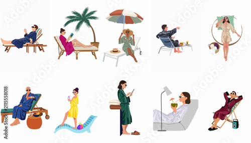 Картината върху платно Set of illustrations featuring diverse people relaxing in robes at a resort, spa, or beach, enjoying drinks, reading, and sunbathing on lounge chairs