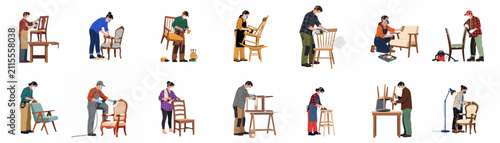 Bild auf Leinwand Set of flat illustrations featuring professional woodworkers and DIY enthusiasts restoring, sanding, and refinishing antique and modern chairs with various tools