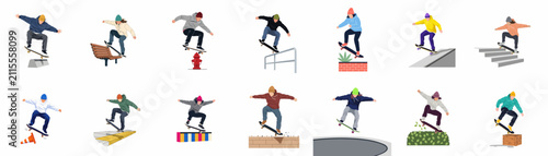 Bild auf Leinwand Set of flat vector illustrations featuring skateboarders performing tricks on various urban obstacles isolated on a white background