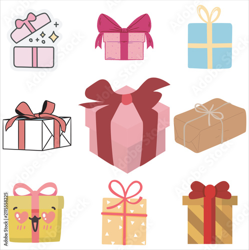 Set of colorful flat vector gift boxes with ribbons and bows for celebrations