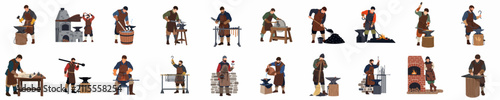 Foto Flat illustration set of medieval blacksmiths performing various metalworking tasks like forging, quenching, and tool making on white background