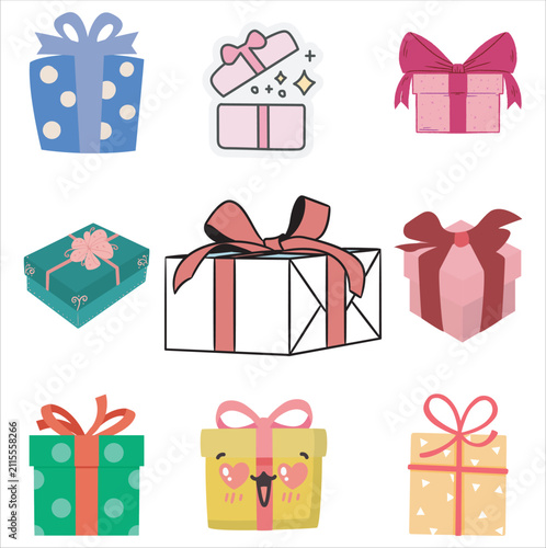 Set of colorful flat vector gift boxes with ribbons and bows for celebrations