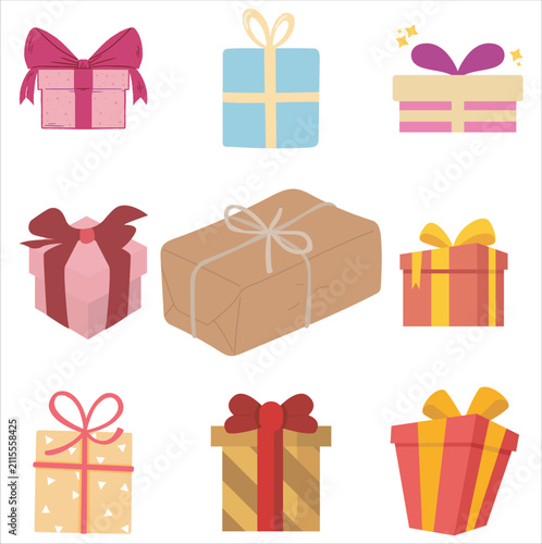Set of colorful flat vector gift boxes with ribbons and bows for celebrations