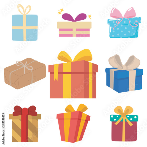 Set of colorful flat vector gift boxes with ribbons and bows for celebrations