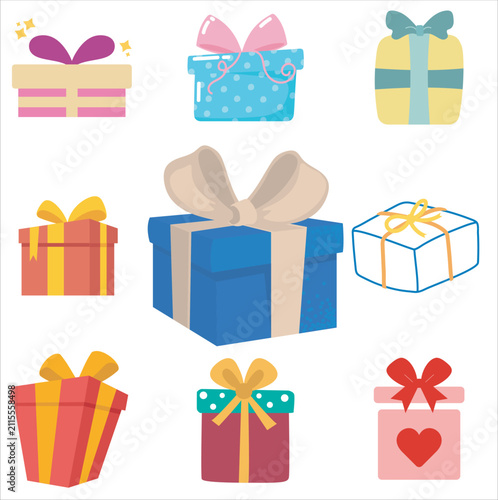 Set of colorful flat vector gift boxes with ribbons and bows for celebrations