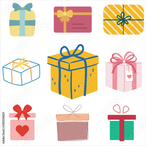 Set of colorful flat vector gift boxes with ribbons and bows for celebrations