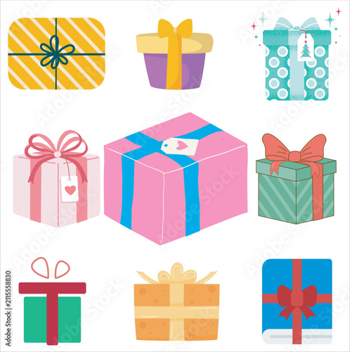 Set of colorful flat vector gift boxes with ribbons and bows for celebrations