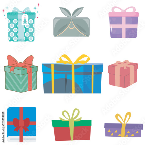 Set of colorful flat vector gift boxes with ribbons and bows for celebrations