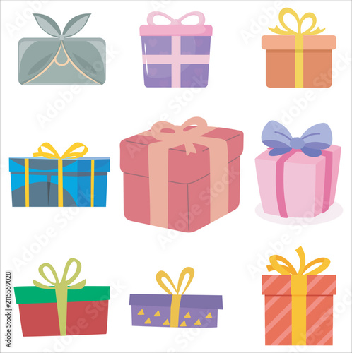 Set of colorful flat vector gift boxes with ribbons and bows for celebrations