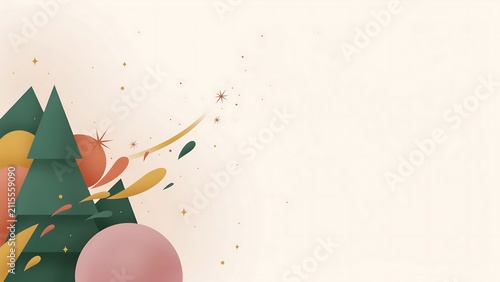 Abstract christmas holiday background, featuring stylized evergreen, trees and floating, colorful ornaments with, decorative sparkles.