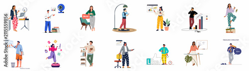 Diverse professionals working from home in business tops and pajama bottoms, illustrating the modern remote work and telecommuting lifestyle.
