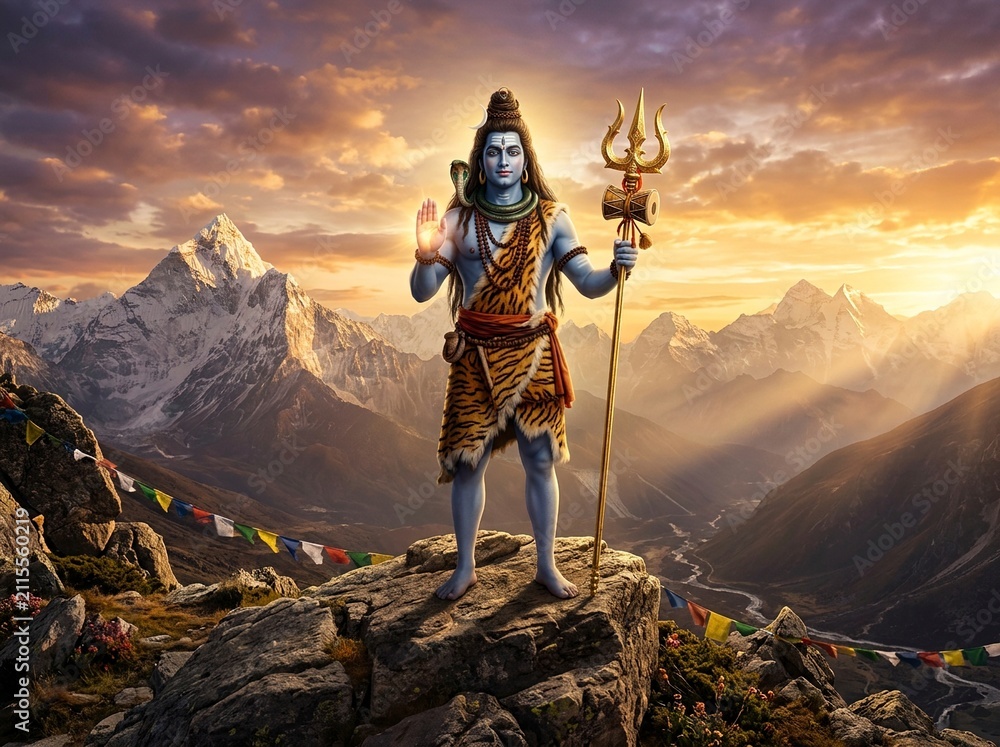 Naklejka premium Lord Shiva stands majestically holding his golden trident while offering a blessing at sunset in the mountains.