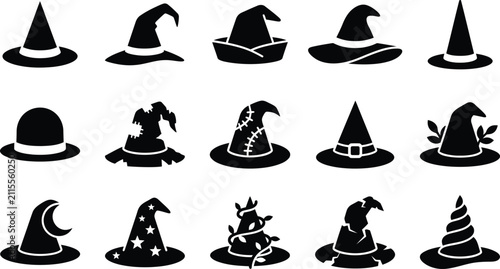 Fotografie Collection of various silhouettes witch hat icons for halloween design elements