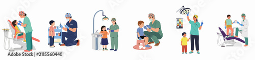 Set of flat illustrations depicting pediatric dentists and children in various dental clinic settings, promoting oral health and dental care for kids.