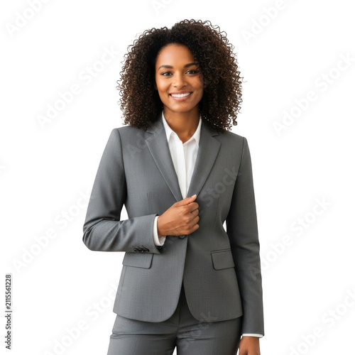 Smiling young businesswoman in a grey suit isolated on transparent background