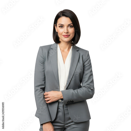 Professional young woman wearing a grey suit isolated on transparent background