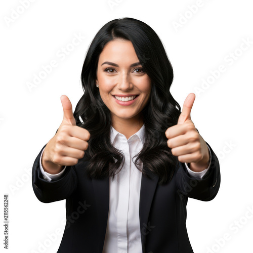Happy business woman giving thumbs up gesture isolated on transparent background