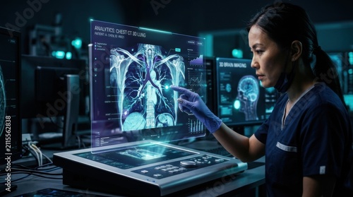 Futuristic Healthcare Analysis Surgeon Interacting With Holographic Medical Scans In A High Tech Lab