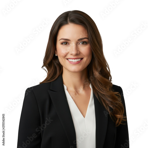 Smiling young businesswoman wearing a black suit jacket isolated on transparent background