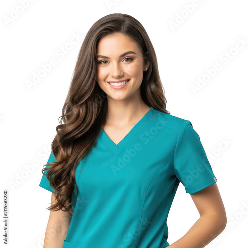 Young female nurse wearing teal scrubs smiling at camera isolated on transparent background