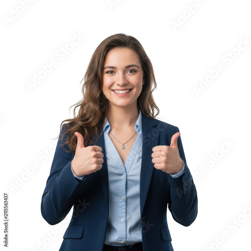 Smiling businesswoman giving double thumbs up gesture isolated on transparent background