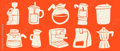 Cuadro en lienzo Vintage coffee maker set vector illustration featuring espresso machine, grinder, moka pot, french press, and mug in linocut style on vibrant orange background