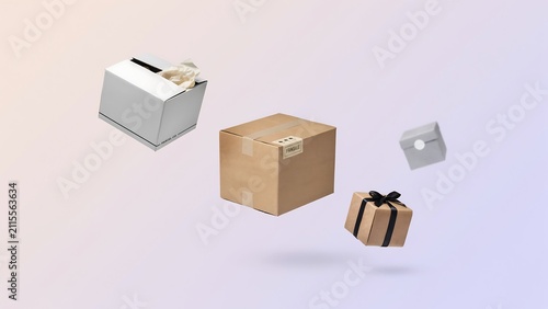 Assorted cardboard shipping boxes and a small gift box floating in the air against a soft gradient light purple background.