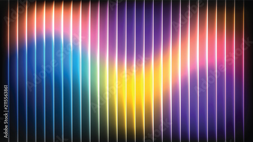 Abstract vertical glowing neon lines over vibrant rainbow spectrum wave vector background