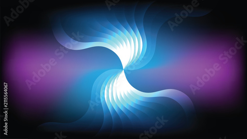 Abstract glowing blue neon wave shapes and symmetrical swirl on dark purple gradient background vector EPS