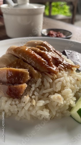 Steamed Chicken Rice with Soy Sauce - A delectable dish featuring tender, juicy chicken served atop fragrant rice. It's presented at your table with a side of chili oil paste and a light vegetable sou