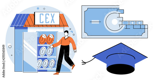 Obraz na plátně Person interacting with a centralized exchange platform and digital currency vector illustration