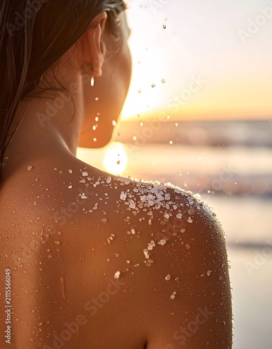 Woman’s shoulder with salt crystals glistening in the golden sunset light