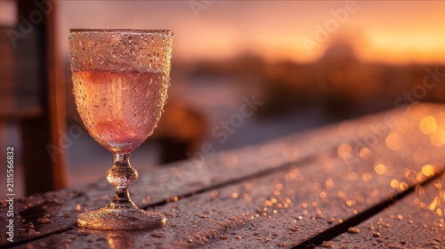 Rose Wine Glass on Sandy Beach at Sunset, Romantic Lifestyle Beverage Photography
