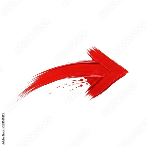 Red hand drawn paint brush stroke arrow pointing right isolated on transparent background