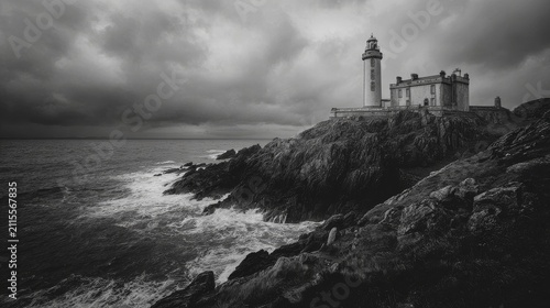Black and White Lighthouse on Rocky Shore with Storm Waves, Classic Maritime Photography