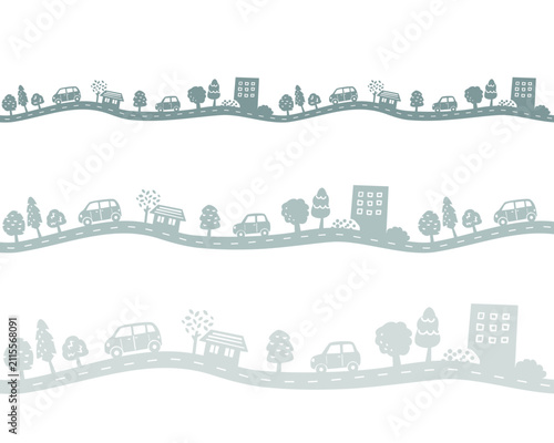 波線の道路に車や家のある街並みのイラスト。横につながるライン素材