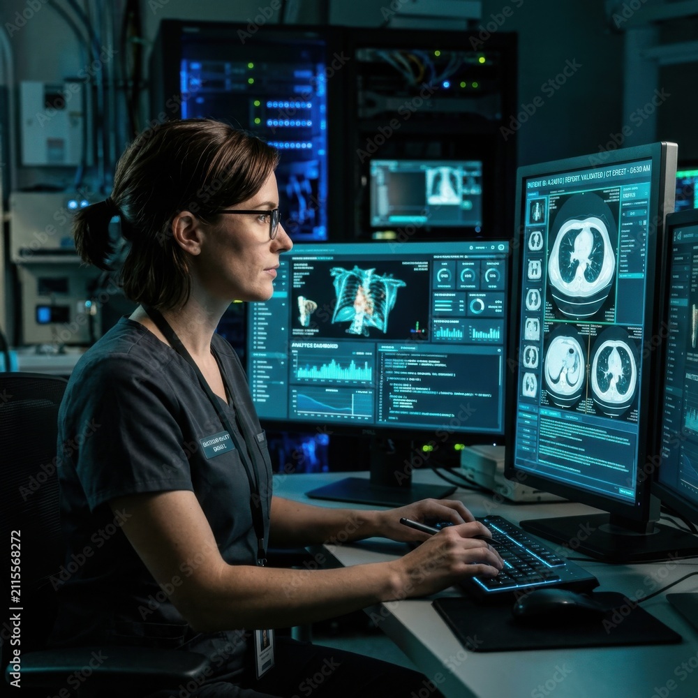 Naklejka premium Female Medical Professional Analyzing Advanced Diagnostics On Futuristic Computer Screens