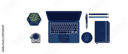 Flat lay of modern desk essentials, top view