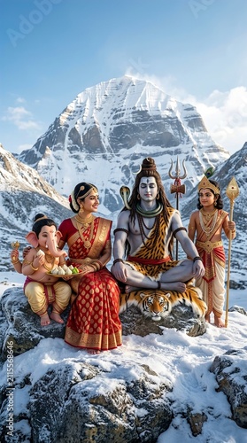 Lord Shiva and Goddess Parvati sitting with Ganesha and Kartikeya amidst the snowy peaks of Mount
Kailash.